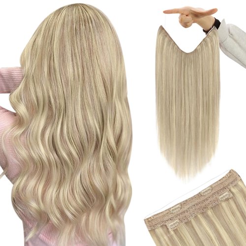 [Customer Favorite] YoungSee Wire Real Hair Extensions Real Hair Wire Extensions Highlights Ash Blonde with Bleach Blonde Hidden Wire Extensions Real Human Hair 18Inch 80G