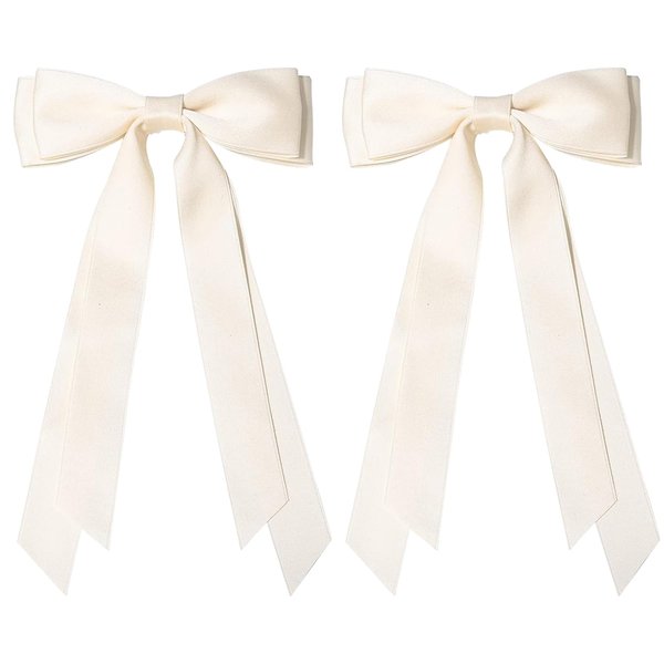 2PCS Silky Satin Hair Bows Ribbon Hair Clips, Fall Alligator Hair Pins, Ponytail Holder Accessories Sides Metal Hair Bow Barrettes Hair Accessories for Women Girls Kids (Beige)
