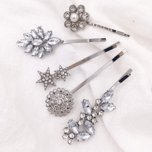 5-Pack Vintage Crystal Decorative Bobby Pins Hair Accessories Silver Tone Women