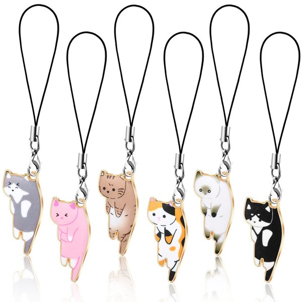 Yinkin 6 Pieces Cat Charm for Mobile Phone, Kawaii Charms Strap, Cute Hanging Cat for Backpack, Wallet, Keychain Pendant