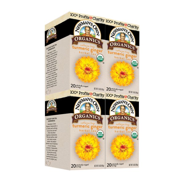 Newman’s Own Organic Turmeric Ginger Herbal Tea Caffeine-Free May Aid Digestion and Boost Immunity Turmeric Tea with20 Individually Wrapped Tea Bags Per Box (Pack of 4) USDA Certified
