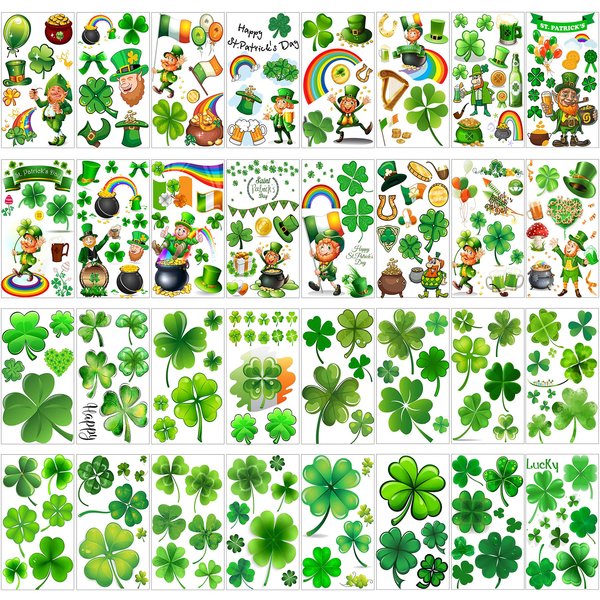 VANTATY 32 Sheets 248+ PCS St Patricks Day Tattoos For Kids Girls Boys Women Men Adults, Saint St. Patrick's Day Accessories Shamrock Temporary Tattoo Stickers, Lucky Clover Tattoo Irish Party Favor