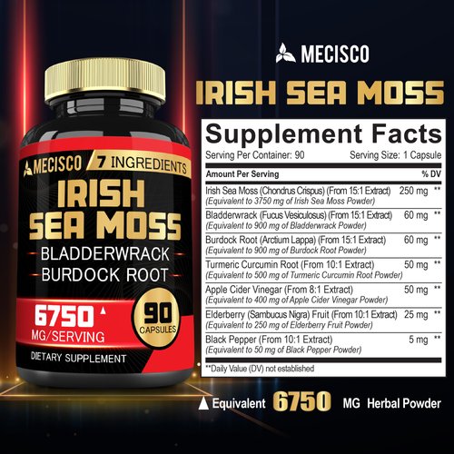7in1 Irish Sea Moss Capsules 6750 Mg with Organic Bladderwrack & Burdock Root, Turmeric, Apple Cider Vinegar - Raw Seamos Pills for Hair, Skin, Thyroid Healths - 90 Caps for 3-Month Supply