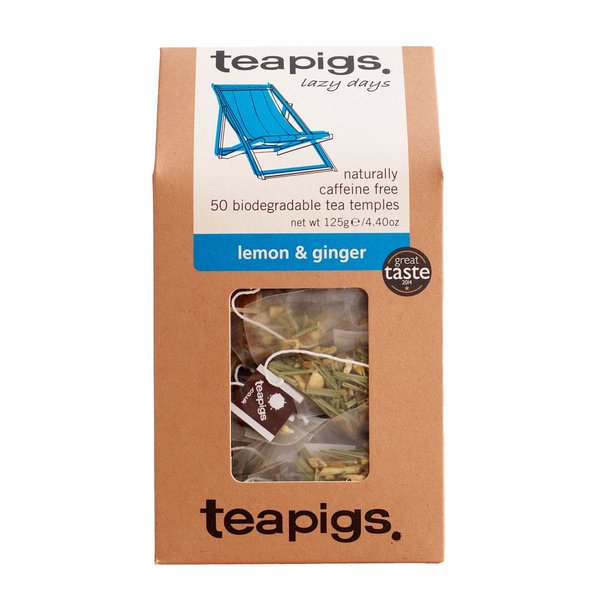 teapigs Lazy Days Lemon & Ginger Herbal Tea Bags, 50 Count, Naturally Caffeine Free Big Leaf Tea, Refreshing and Crisp
