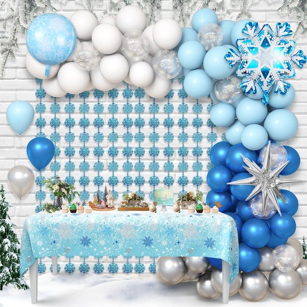AIBIIN 120 Pcs Snowflake Balloon Arch Garland Kit Blue Sliver Winter Party Decorations with Tablecloth Winter Wonderland Baby Shower Froozen Birthday Balloon Arch Kit Party Decorations Supplies
