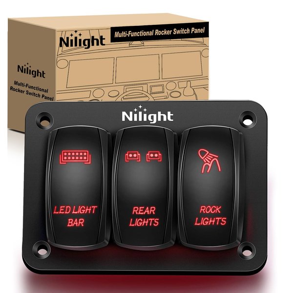 Nilight - 90128C 3 Gang Rocker Switch Panel Aluminum 5 Pin ON Off Toggle Switch Panel Pre-Wired Rocker Switch SPST 12V 24V Switches for Marine Boats Cars ATVs UTVs