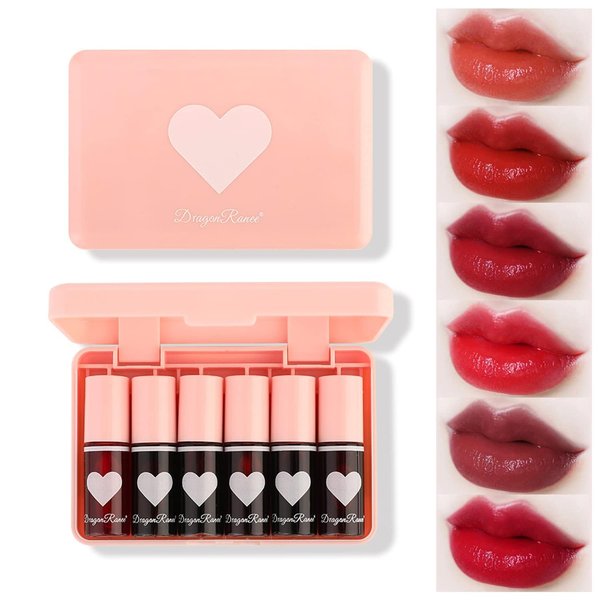 6 Colors Lip Tint Stain Set, Korean Velvet Lip Stain Lip and Cheek Tint Non Sticky Tinted Lip Gloss Long Lasting Mini Liquid Lipstick Set, Long Lasting, Non-Stick, High Pigment, Vivid Color (Heart)