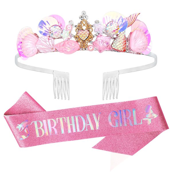 YARIEW Mermaid Crown and Birthday Sash Mermaid Birthday Decorations Mermaid Party Decorations Birthday Sash for Women Birthday Crown Tiara for Women Halloween Costume Gifts