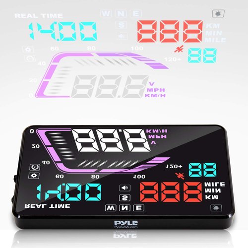 Heads Up Display HUD Screen - Universal 5.5’’ Car Head-Up Windshield Display w/Multi-Color Screen Projector Vehicle Speed, GPS Navigation Compass, Plug and Play w/Speed, Time, Altitude, Etc - Pyle