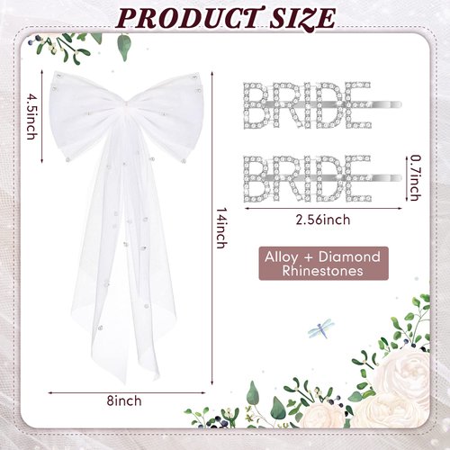 3 Pcs Bachelorette Party Decorations Bridal Pearl White Hair Bow Bridal Silver Hair Clips Letter Clip Pins for Bridal Wedding Party Favors