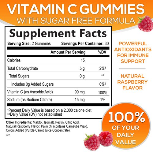 Sugar Free Vitamin C Gummies - Immune Support & Antioxidant Vitamin Dietary Supplement - Vegan, Non-GMO, Dairy & Gluten Free C Gummy Vitamins - Raspberry Flavor for Kids & Adults - 60 Count Gummies