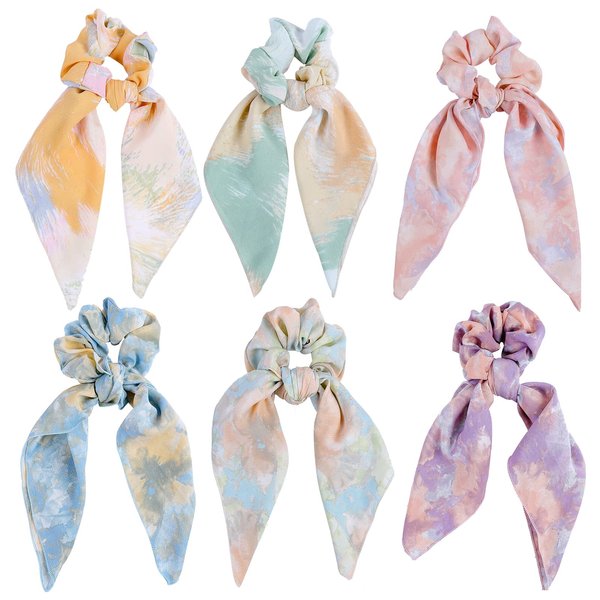 Cutewing Hair Scrunchies Scarf Chiffon Hair Scarf Ties Ponytail with Scarf Tie Dye hair scarves Strong Elastic Hair Scrunchy Hair Bows Hair Bands Hair Accessories for Women Girls with 6PCS