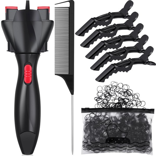 Gisafai Automatic Hair Braider Set DIY Styling Hair Twister with Rat Tail Comb, Crocodile Hair Clips and 800 Pieces Mini Rubber Bands Tool Styler for DIY Hair Styling