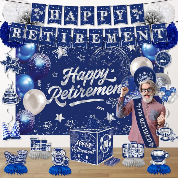 Happy Retirement Party Decorations for Men Women, Retirement Party Favors Well Wish and Advice Cards Banner Backdrop Honeycomb Centerpiece, Retirement Going Away Party Supplies(Navy Blue Silver)