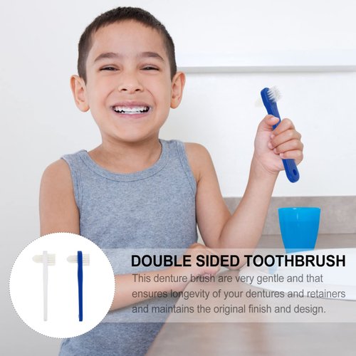 SUPVOX 2PCS false teeth brushes two-side t-shape denture toothbrush (white+blue)