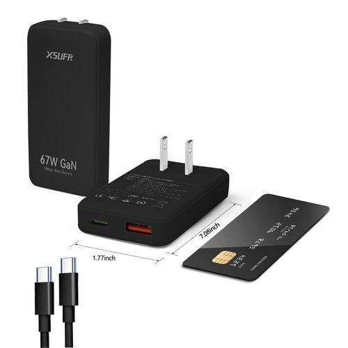 67W GaN Ultra-Thin Series USB-C PD Fast Charger, Compact and Portable, Compatible with MacBook, iPad, iPhone, Samsung, and More (Black)