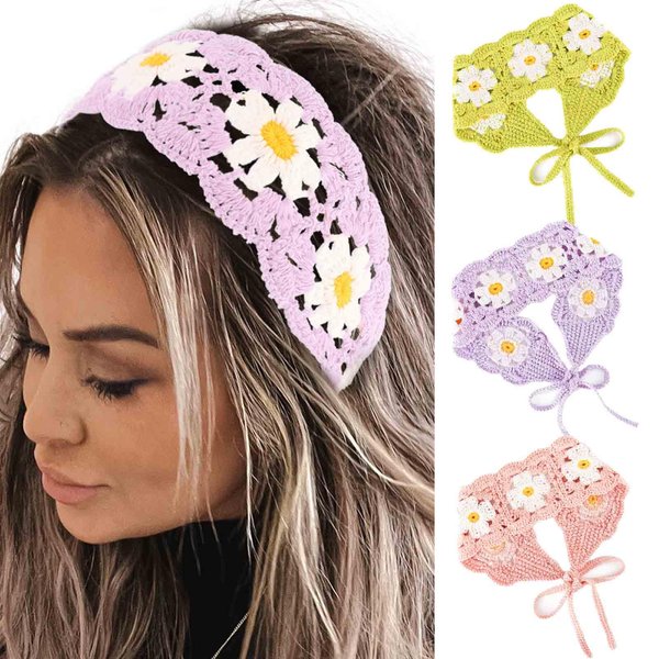 Acenail Crochet Hair Bandanas Headbands Women Floral Hippie Hair Scarfs Tie Back Knitted Hair Kerchief Headband Knit Head Wraps Summer Boho Hair Accessories for Women Girls 3Pcs (Purple+Green+Pink)