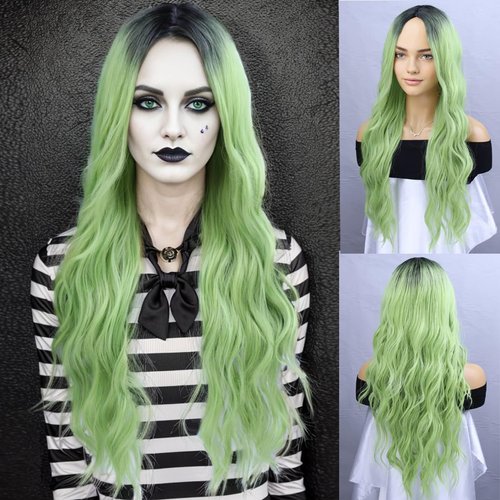 BERON Green Wig with Dark Roots Long Curly Wig Ombre Green Wig for Women Costume Halloween Party Synthetic Wigs
