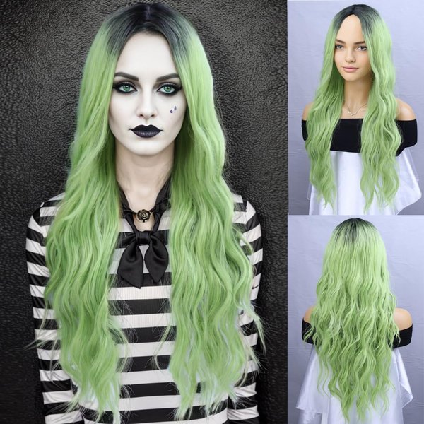 BERON Green Wig with Dark Roots Long Curly Wig Ombre Green Wig for Women Costume Halloween Party Synthetic Wigs