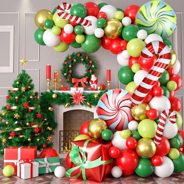 Green Red Christmas Balloon Garland Kit, Christmas Balloon Garland Arch Kit with Green Red Balloon Balloon Candy Cane Foil balloon for Christmas Party Decorations New Year Party Supplies