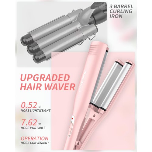 AmoVee Travel Hair Crimper Curling Iron, Professional Mini Hair Waver 0.59 Inch Three Barrel Curling Iron, Hair Crimper Small Negative Ions, Dual Voltage