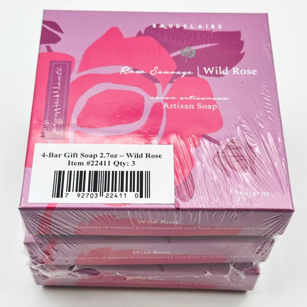 Baudelaire Provence Sante PS Gift Soap Wild Rose, 2.7oz 4 Bar Gift Box, (3 boxes)