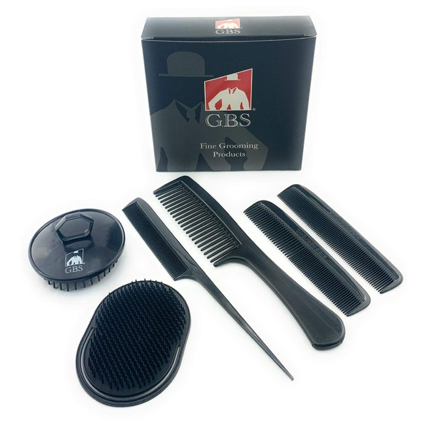 G.B.S 6 Pieces Black 5in Course Fine Pocket Rat Tail Comb Palm Portable Beard Shower Shampoo, Scalp Massage Brush 8.5in Comb 8.5in Tangle Travel Light Weight Head Scrubber