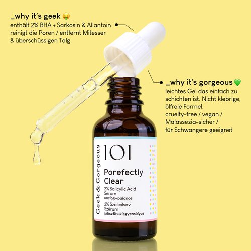 Geek & Gorgeous Porefectly Clear - light gel exfoliant with 2% salicylic acid & sarcosine, unclogs pores, reduces blackheads & oiliness, 1 oz