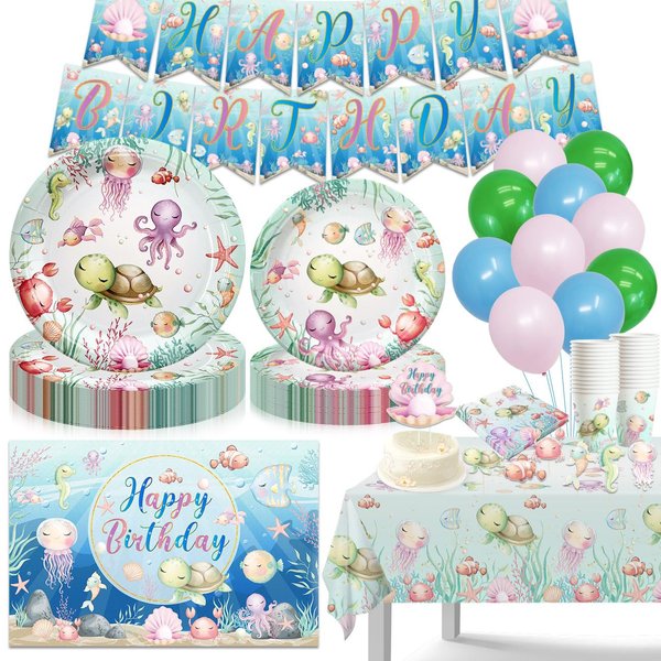 Under the Sea Party Decorations Turtle Theme Birthday Plates Napkins and Cups with Ocean Sea Animals Backdrop, Balloons and Cake Toppers for Ocean Under The Sea Party Supplies