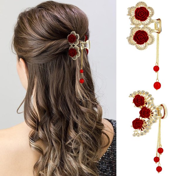 Ahoney Metal Gold Hair Clips 2.5" Medium Hair Claw Clips for Thin Hair, Fancy Rose Hair Clips Hair Tassel Hair Styling Accessories for Women Girls (Rose)