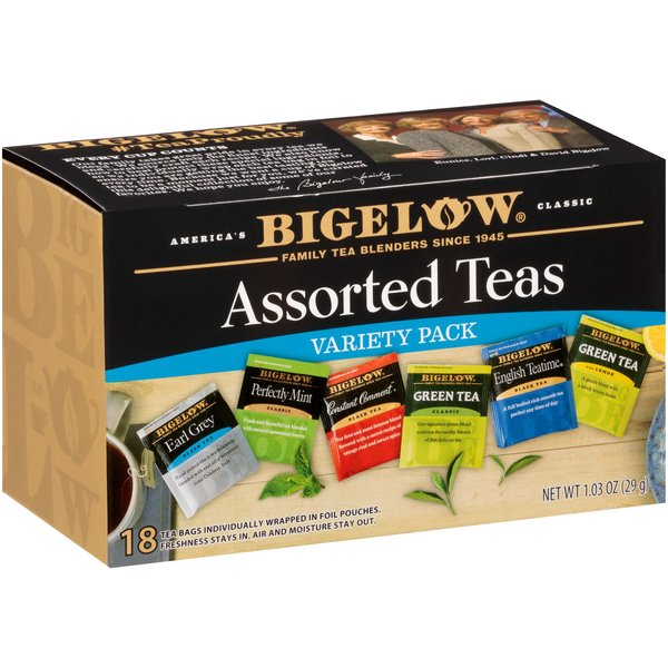 Bigelow Tea Assorted Black Tea and Green Teas Variety Pack, Caffeinated Tea with Black and Green Tea Varieties, 18 Count Box (Pack of 6), 108 Total Tea Bags