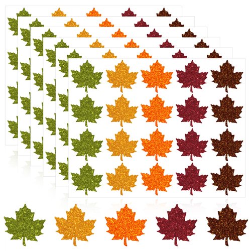 Whaline 500 Pcs Fall Maple Leaf Stickers 5 Colors Glitter Stickers Autumn Leaves Shape Decals Cute Self Adhesive Decals Shinny Label Tag for Holiday Thanksgiving Party Window Door Home Decor