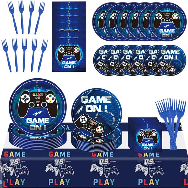 Gamer Birthday Party Decorations,98 Pcs Of Video Game Birthday Decorations,Including Dinner Plates,2 Game Tablecloths,Paper Cups,Forks,And Other Video Game Party Supplies , Serving 24 Guests (Blue)