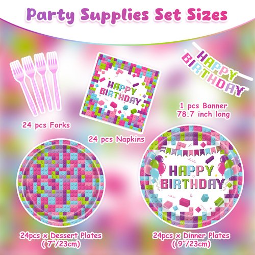 Building Block Party Supplies Kit for 24 Guests - 97 Pcs Including Plates, Forks, Napkins, Bunting - Ideal for Kids' Building Block-Themed Birthdays and Baby Showers