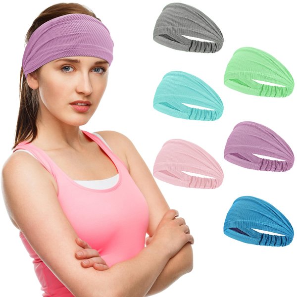 Sukeen Cooling Workout Headbands Women Men, Stretchy Non-Slip Wide Headbands for Women, Sweat Band Moisture Wicking Headbands for Women, Dark Gray/Macaron Blue/Macaron Pink/Mint Green/Lavender/Blue