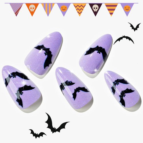 GLAMERMAID Press on Nails Short Almond for Halloween, Gothic Purple Fake Nails Gel with Bat Design Medium Oval Glue on Nails for Women, Glitter Acrylic False Nail Kits Stick on Nails Emo Nails
