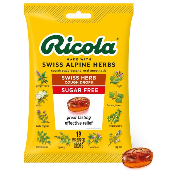 Ricola Sugar Free Original Herb Cough Drops, 19 Count, Cough Suppressant & Throat Relieving Drops with Original Herb Sourced Menthol, Pleasing Taste for Coughs & Throat Irritation Symptom Relief