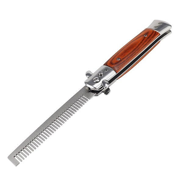 Stainless Steel Folding Comb, Clipper Comb, Comb with Wood Handle, Push Button Pocket Comb for Hair Styling