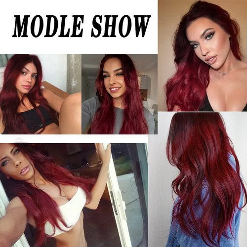Tseses Ombre Red Long Curly Wigs for Women Wavy Synthetic Hair Wigs Dark Roots Hair Women Wig for Cosplay Halloween Party Daily Use (Red)