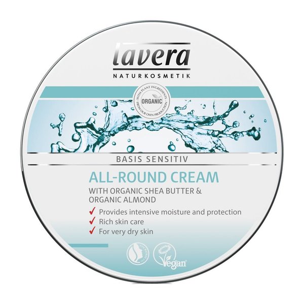 lavera® basis-sensitiv All-Round Cream: Moisturizing Body Cream with Shea Butter & Almond Oil to protect dry Skin & for a soft and supple feeling – 5 Oz. Single