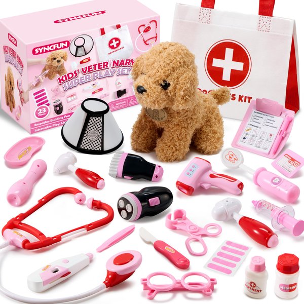 SYNCFUN Doctor Kit for Girls, 22 PCS Veterinarian Playset for Kids, Vet Kit with Dog Toy, Stethoscope, Storage Bag and Accessories, Pretend Play for Toddlers 3 4 5 6, Christmas and Birthday Gifts