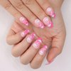 morily 24pcs Press on Nails Medium Length Almond Fake Nails Kit Long Ombre Pink Acrylic False Nails with White Cloud Design Crystal Artificial Glossy Stick on Nails Finger Manicure for Women and Girls