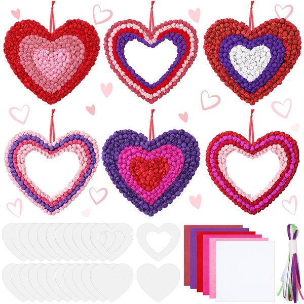 Jetec 24 Sets Valentine's Day Heart Paper Craft Kits Heart Shaped Paper Art Kit with Pom Poms Tissue Paper Heart Wreath DIY Craft for Classroom Home Activities Party Favors(Paper,Colored)