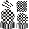 Black and White Checkered Race Car Party Supplies 150Pcs,Racing Party Tableware Set 9"& 7"Checkered Plates and Checkered Flag Napkins Knives Forks Spoons for Race Car Themed Birthday Party Decorations
