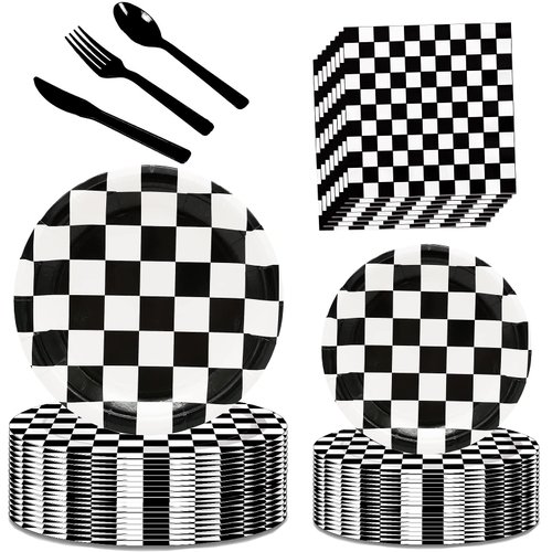 Black and White Checkered Race Car Party Supplies 150Pcs,Racing Party Tableware Set 9"& 7"Checkered Plates and Checkered Flag Napkins Knives Forks Spoons for Race Car Themed Birthday Party Decorations