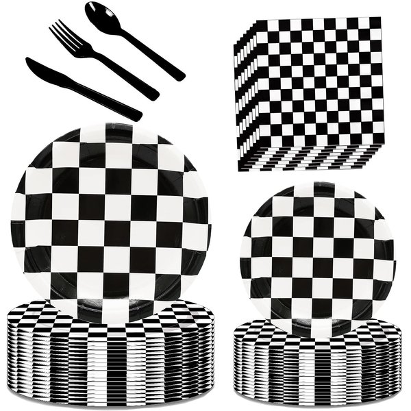 Black and White Checkered Race Car Party Supplies 150Pcs,Racing Party Tableware Set 9"& 7"Checkered Plates and Checkered Flag Napkins Knives Forks Spoons for Race Car Themed Birthday Party Decorations