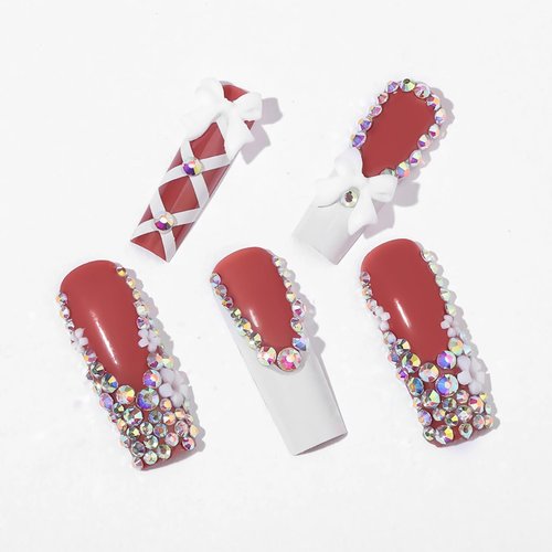 BABALAL Long Square Press on Nails White French Tip Press on Nails Luxury Rhinestone Bow Charm Design Acrylic Nails 24Pcs Bling False Nails