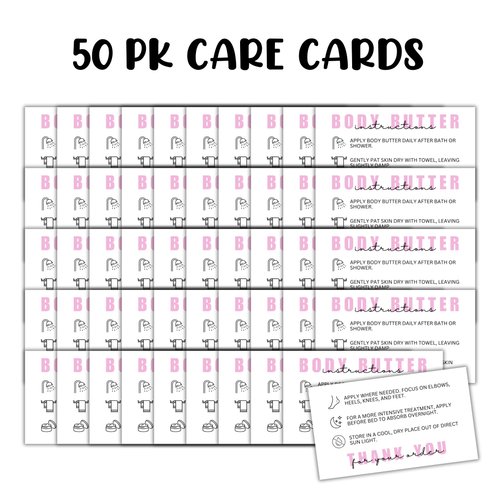 Body Butter Care Instruction Cards | 50 pk 2x3.5” Client Packaging Bulk Jar Ingredient Warning Label Stickers Container Stick