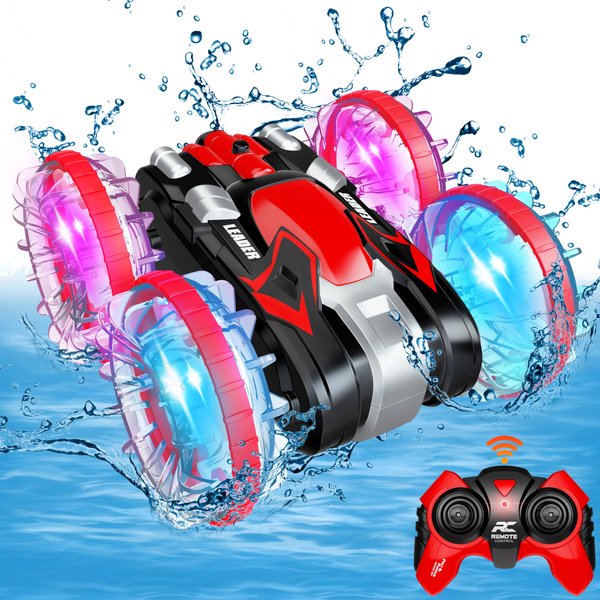 Toys for 5-12 Year Old Boys Amphibious RC Car for Kids 2.4 GHz Remote Control Boat Waterproof RC Stunt Car Truck with LED Lights 4WD Remote Control Car Boy Girl Gifts All Terrain Water Beach Pool Toy