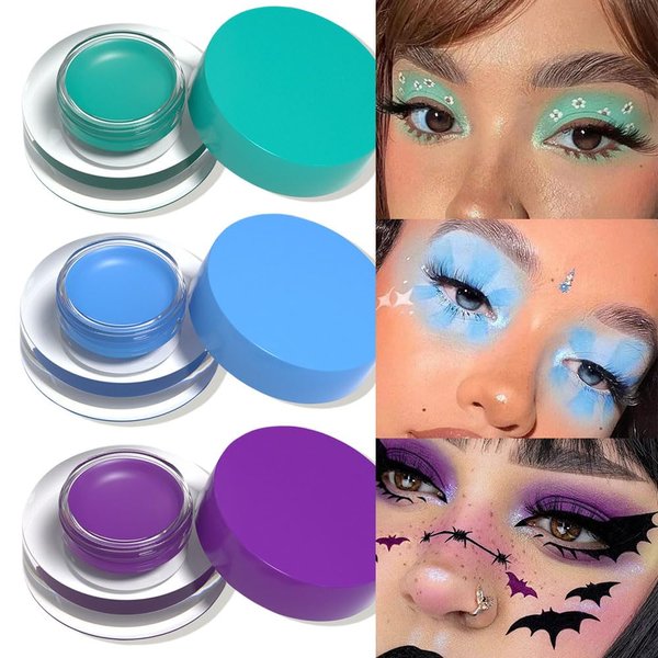 evpct 3Pcs Cyan green Blue Purple Gel Eyeliner Waterproof Smudge Proof Eyebrow Cream Pomade Set with Brushes Long Wear Last All Day,Work Great with Eyebrow Eyeliner Face Body Paint Stick 113+120+121